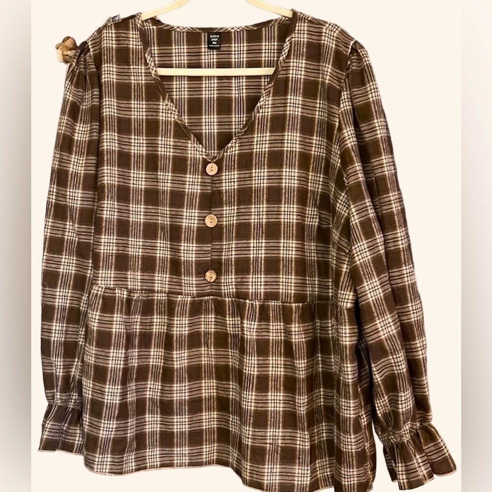 S H E I N Curve Brown/Cream/Gold Plaid Flannel Babydoll Top, Sz 4XL(20),EUC.